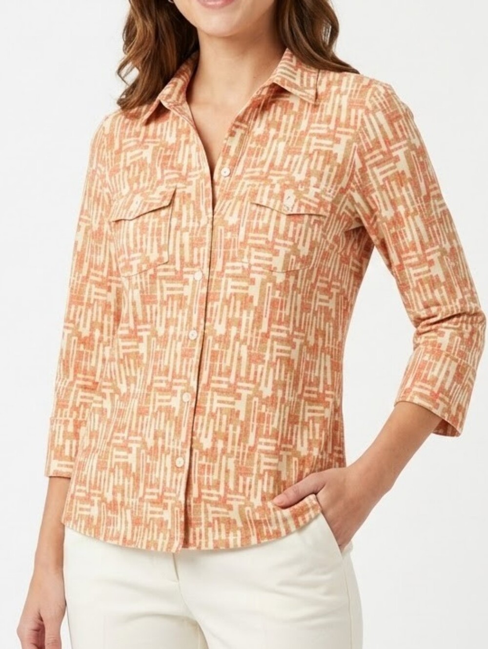 J. McLaughlin Geometric Printed Button Front Shirt Small Pink Tan Preppy Classic